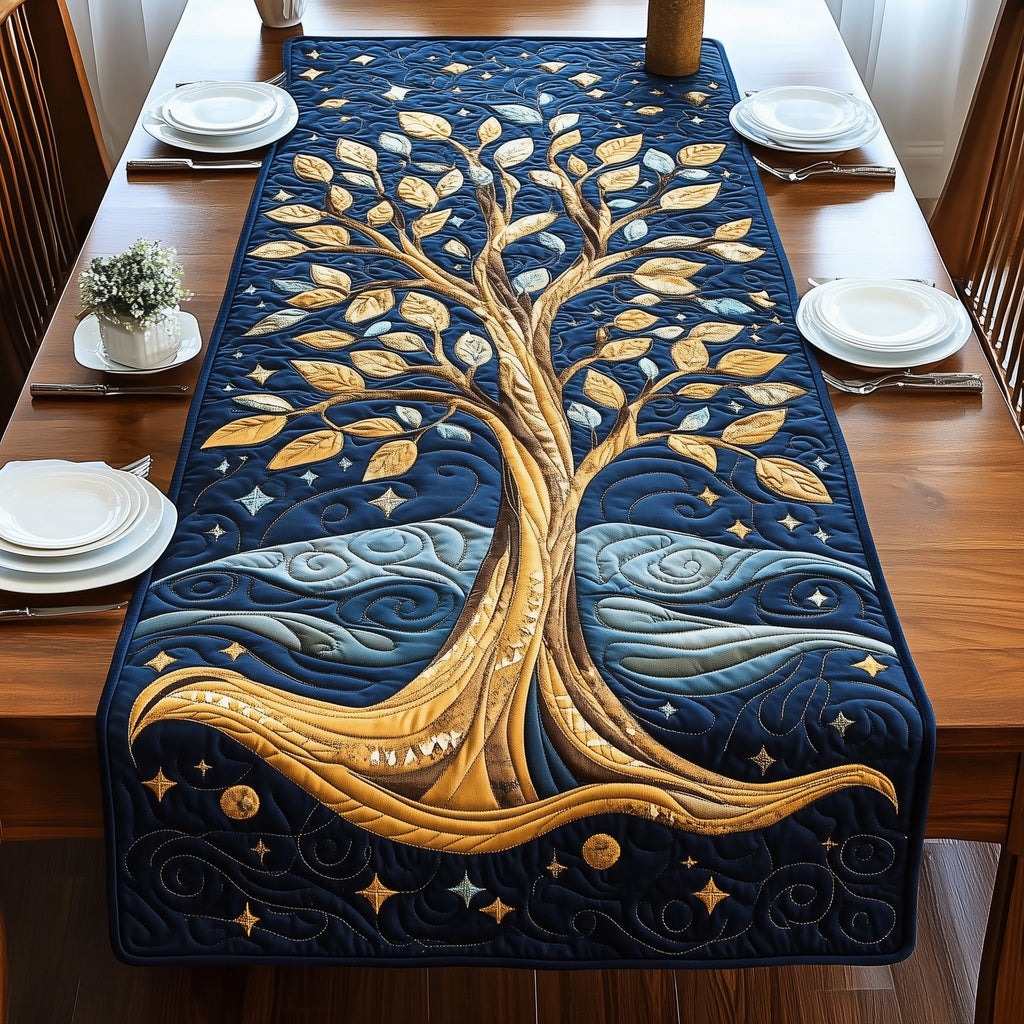 Golden Tree on a Starry Navy Table Runner