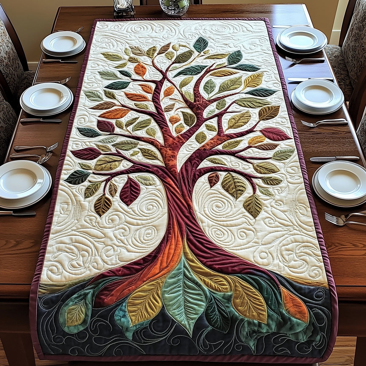 Tree with Autumn Leaves on Cream Table Runner