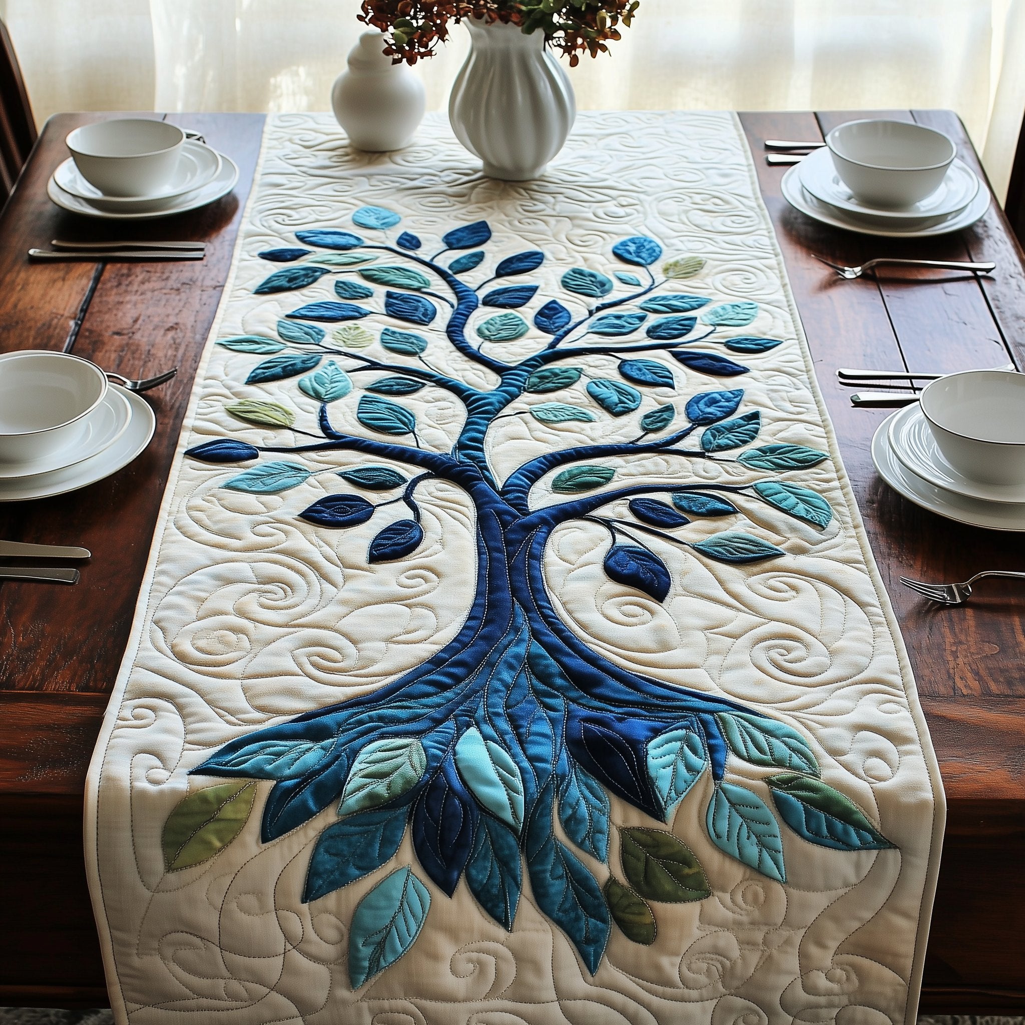 Blue Leaf Tree on Cream Table Runner
