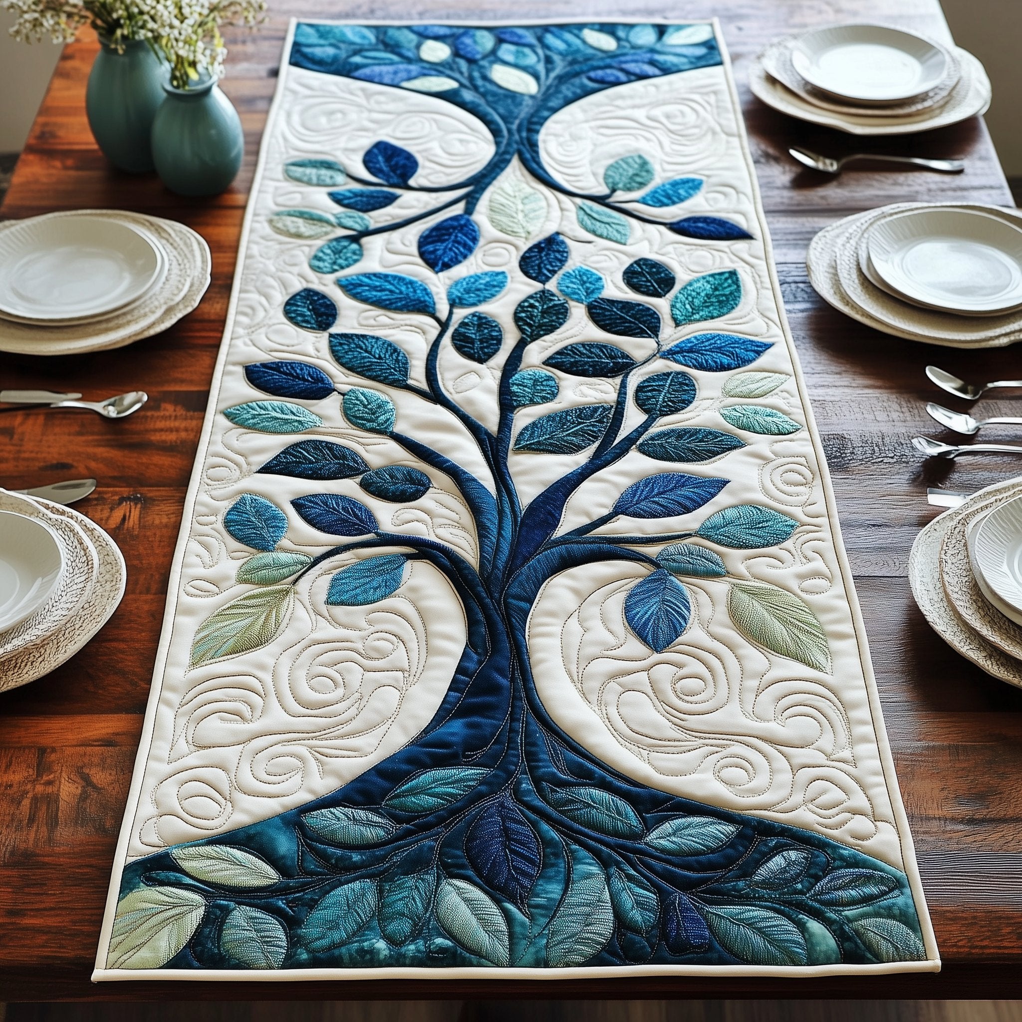 Teal Tree with Blue Leaves Table Runner