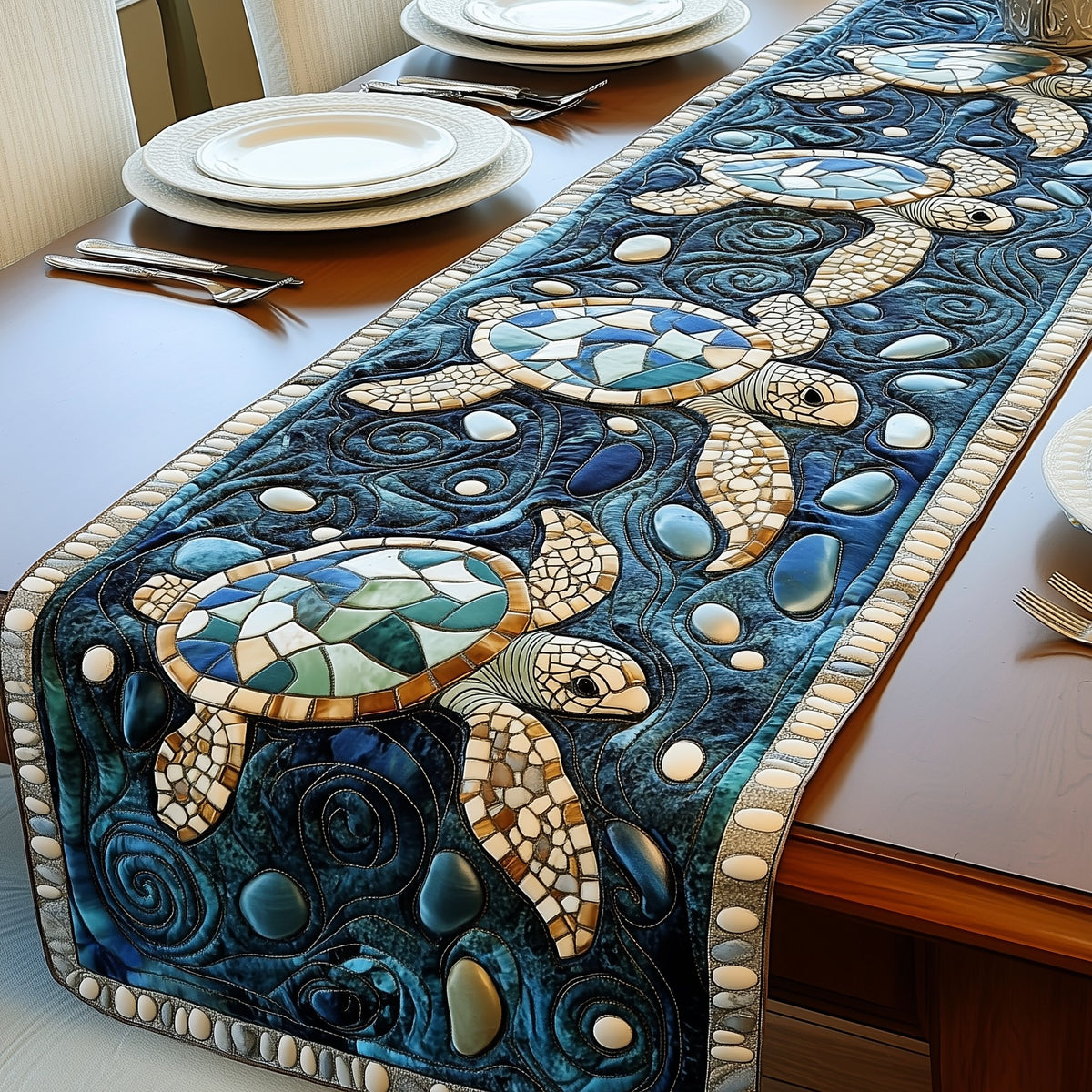 Mosaic Sea Turtles on Blue Table Runner