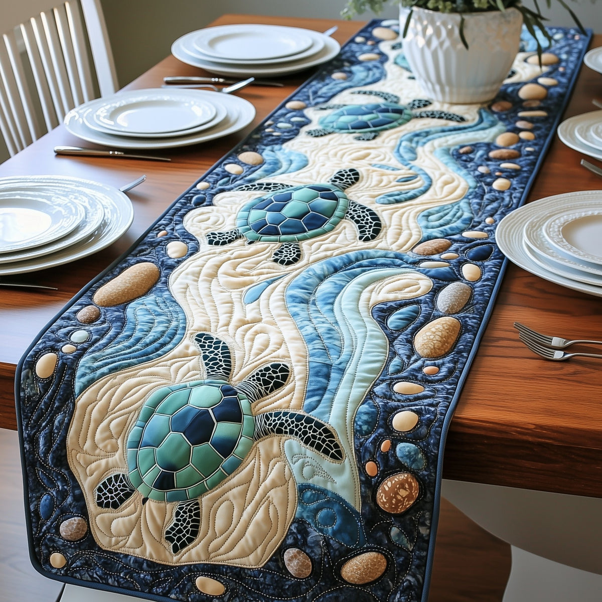 Turtles Among Pebbles and Waves Table Runner