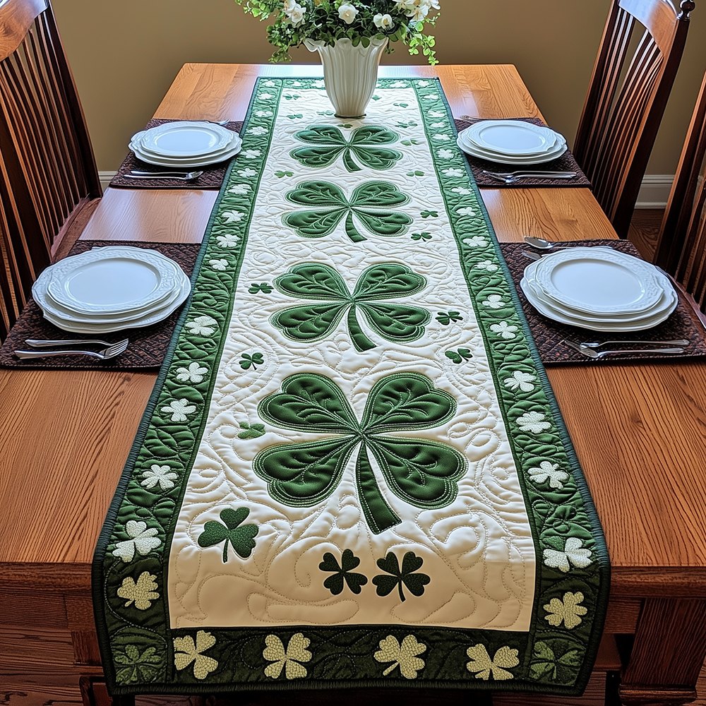 Shamrocks on Cream with Green Border Table Runner