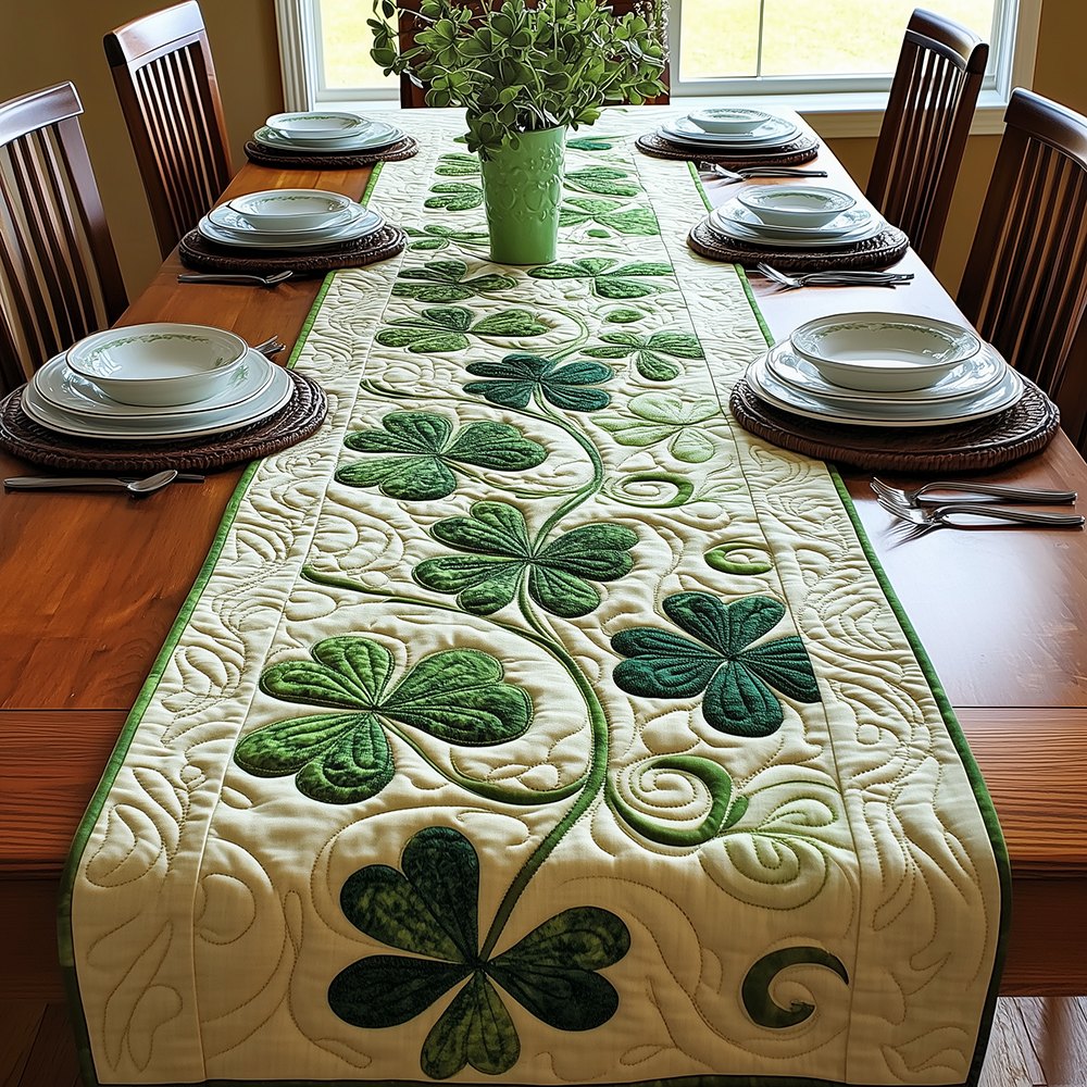 Shamrocks on Green and Cream Table Runner
