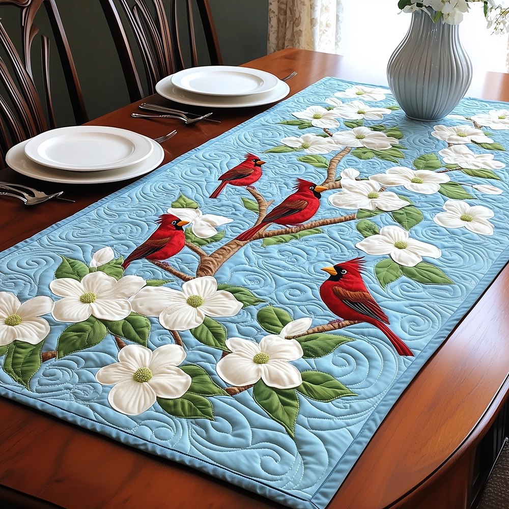 Cardinals on Dogwood over Blue Table Runner