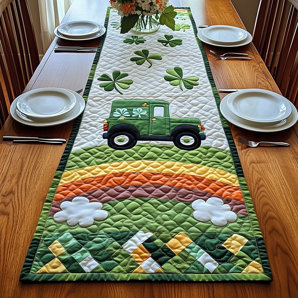 Green Truck over the Rainbow Field Table Runner