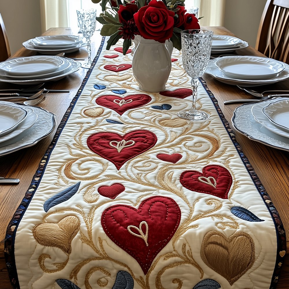 Red Hearts on Cream with Gold Scroll Table Runner