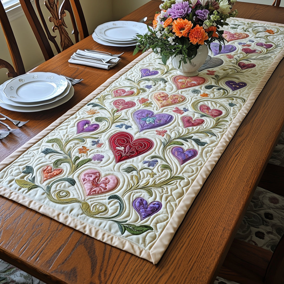 Pastel Hearts and Flowers on Ivory Table Runner