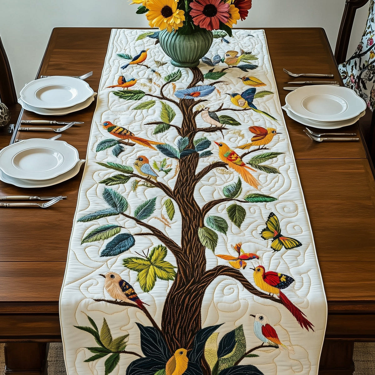 Tree of Life with Songbirds and Butterflies Table Runner