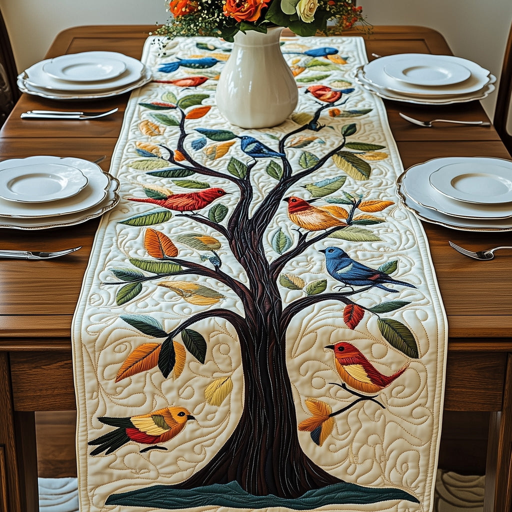 Autumn Tree with Cardinals and Leaves Table Runner
