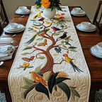 Curving Tree with Parrots and Finches Table Runner