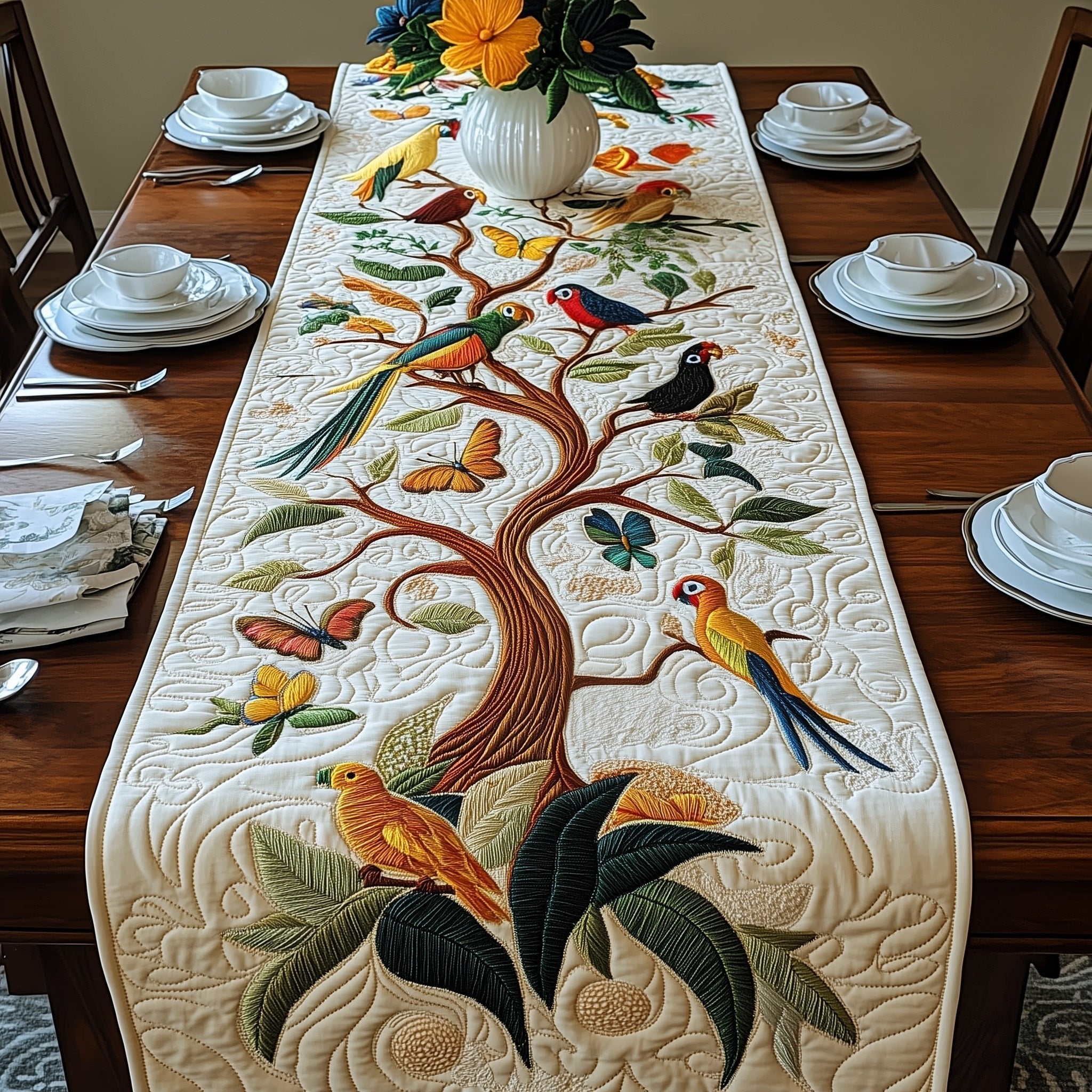 Curving Tree with Parrots and Finches Table Runner