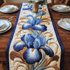 Blue Iris Blooms on Cream Table Runner