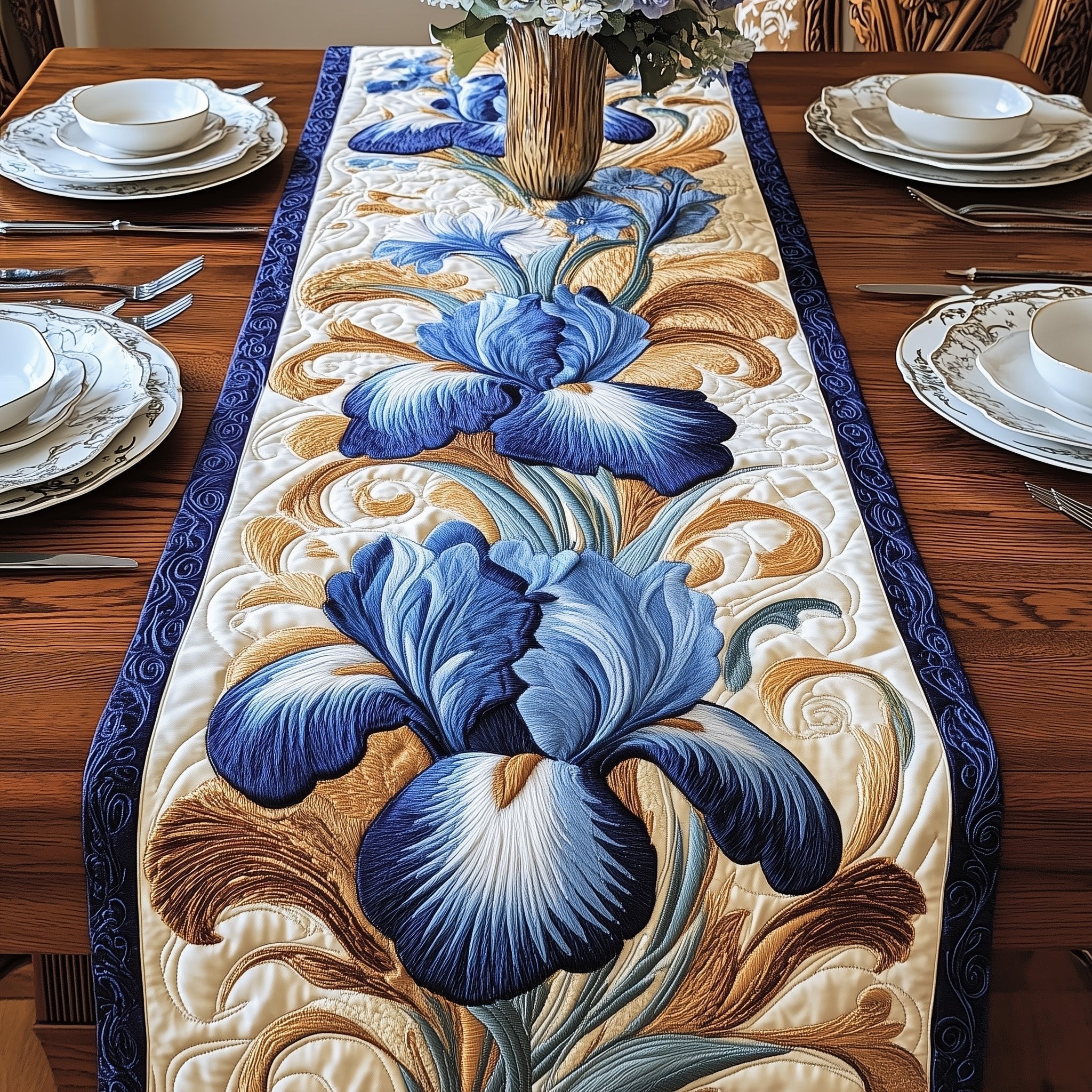 Blue Iris Blooms on Cream Table Runner