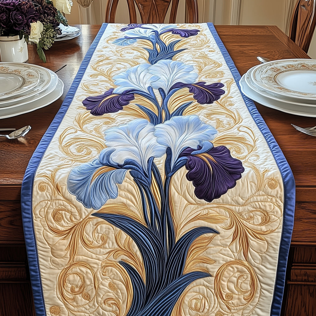 Purple and White Iris on Beige Table Runner