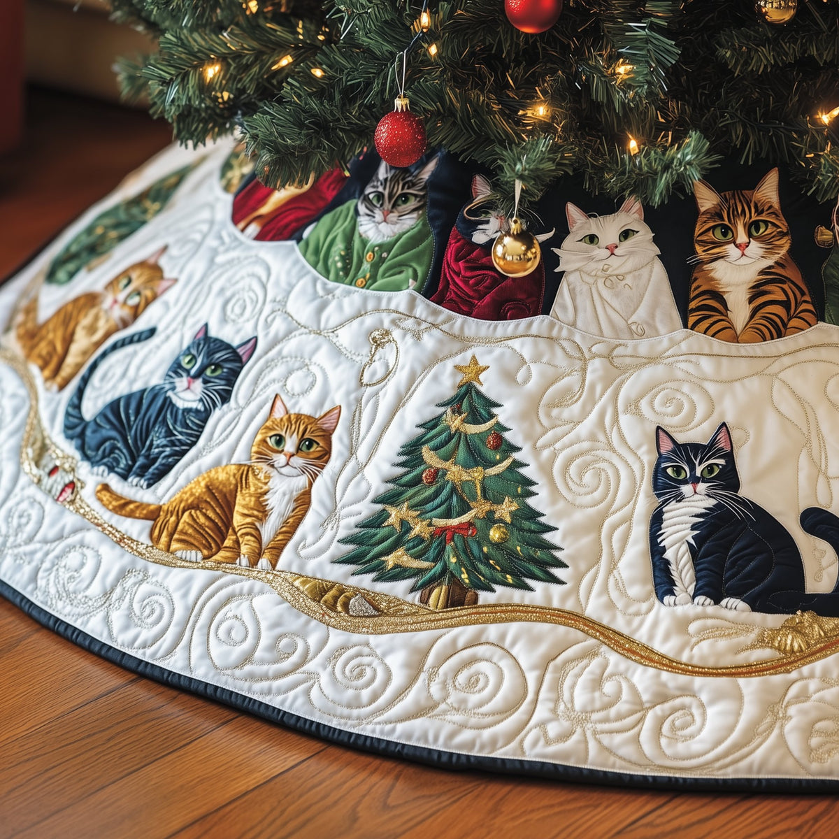 Cats Around the Tree on White Christmas Tree Skirt