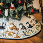 Cats on a Golden Scroll Border Christmas Tree Skirt