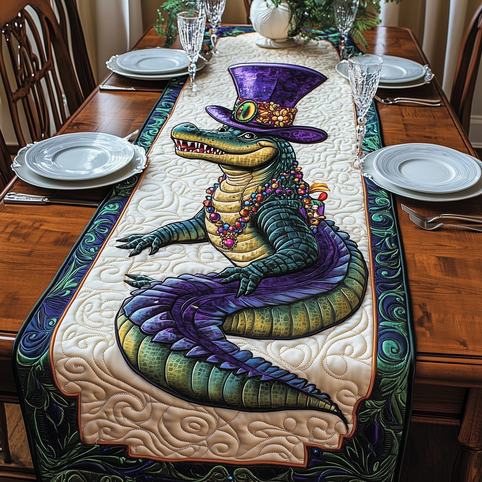 Alligator in Jeweled Top Hat Table Runner