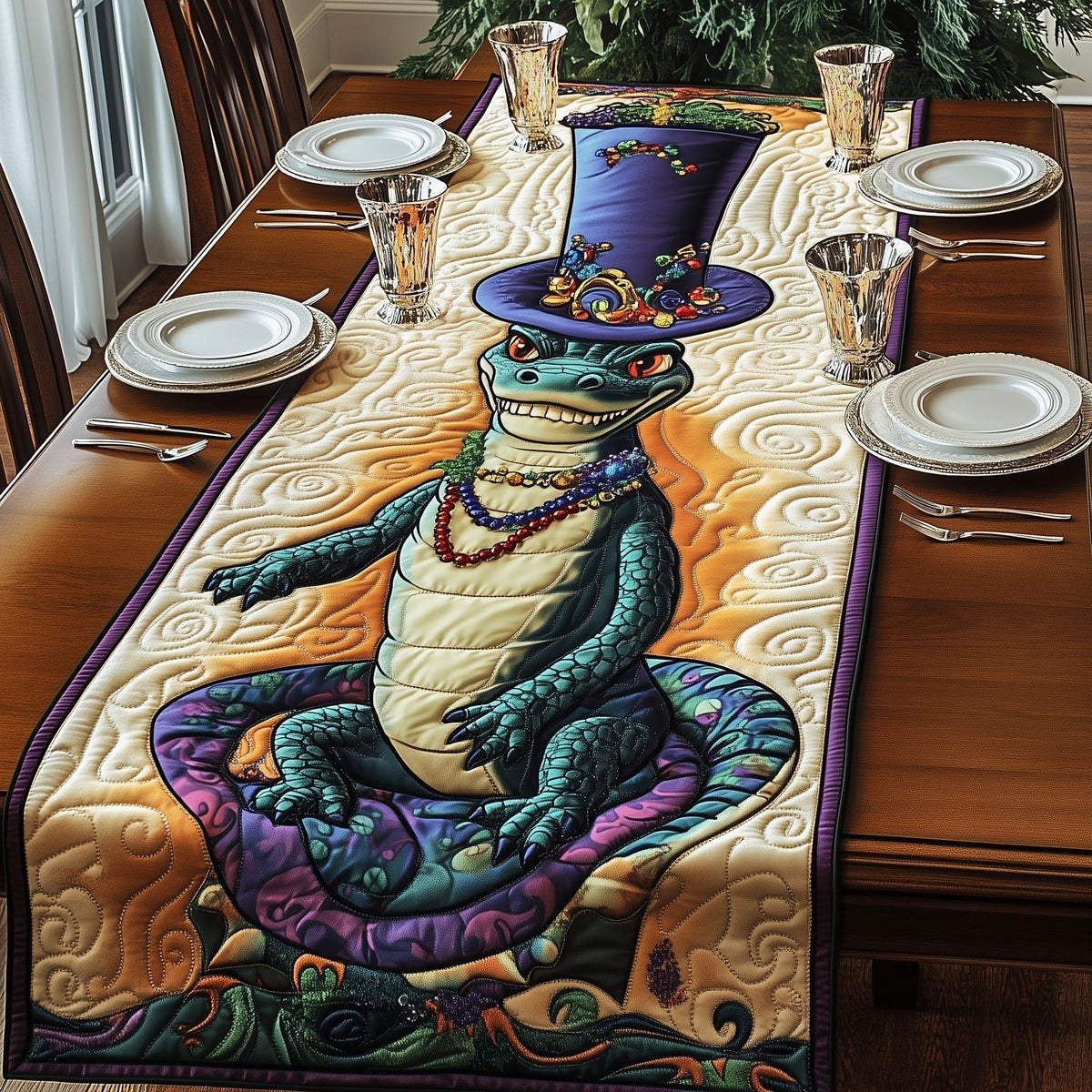 Crocodile in Purple Beaded Hat Table Runner