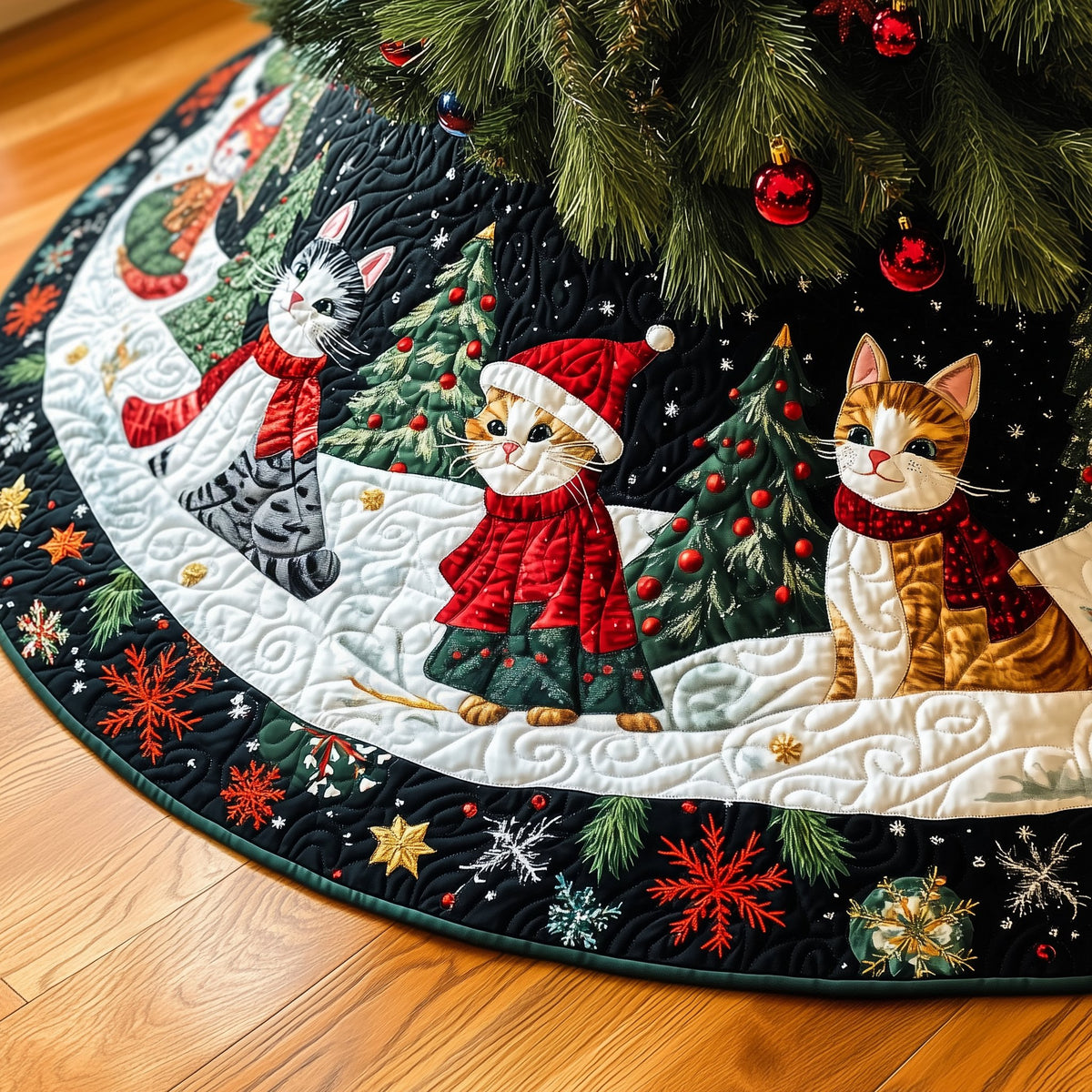 Cats in Winter Coats Skating Christmas Tree Skirt