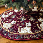 White Cats on Burgundy Velvet Christmas Tree Skirt