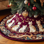 Folk Cats in a Damask Ring Christmas Tree Skirt