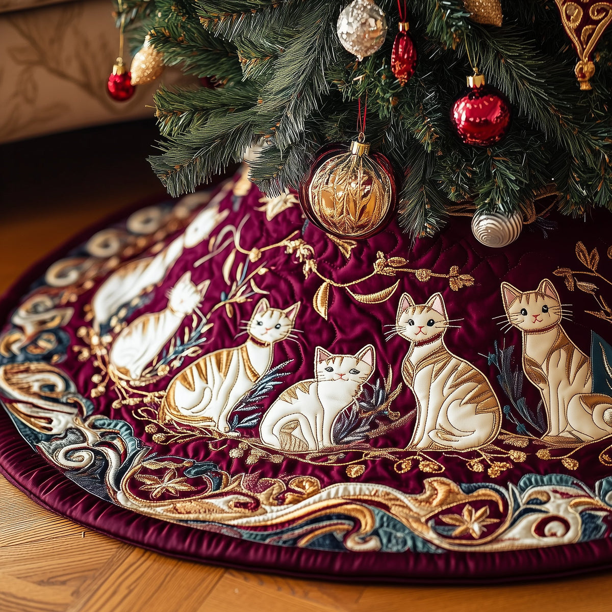 Folk Cats in a Damask Ring Christmas Tree Skirt