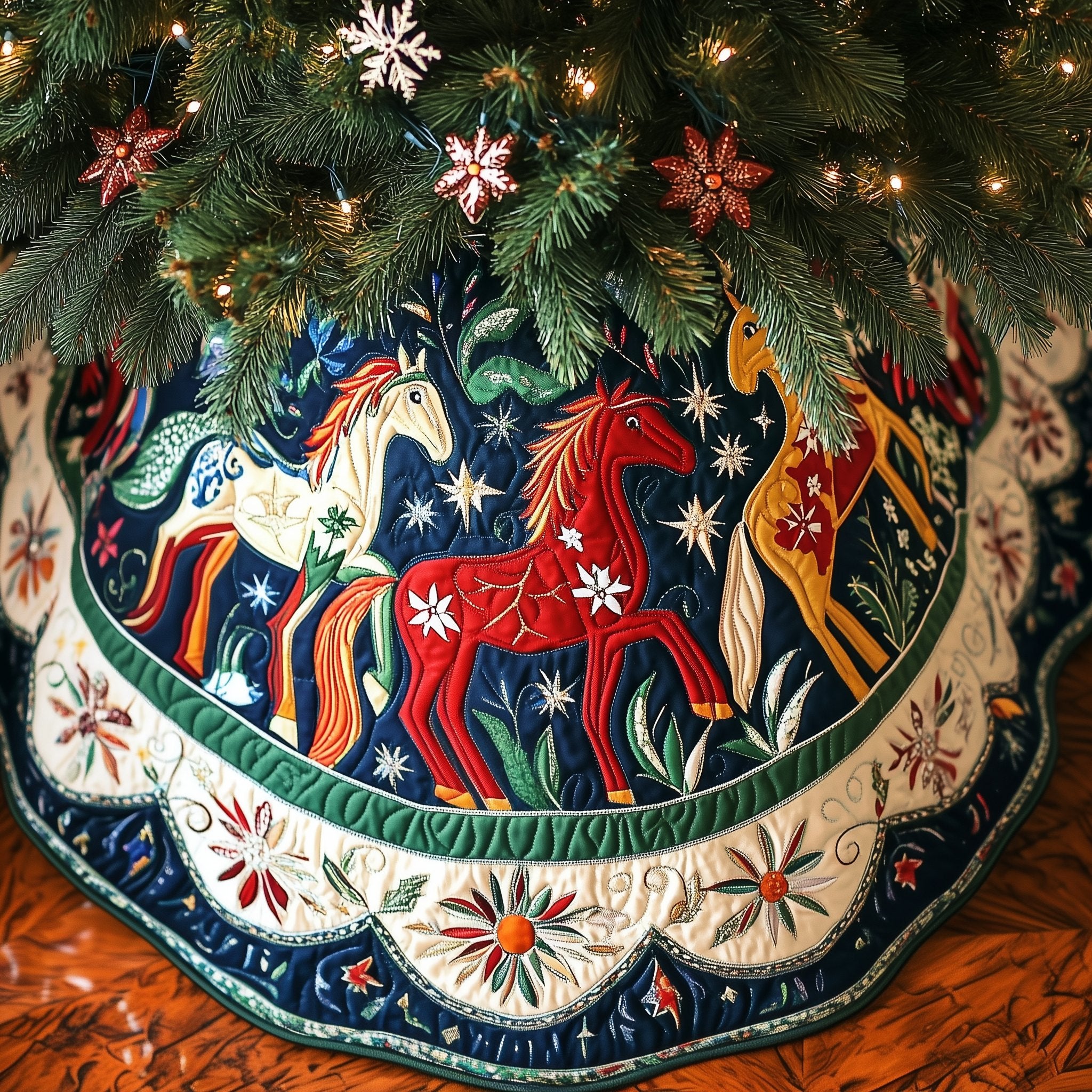 Folk Horses on a Starry Band Christmas Tree Skirt
