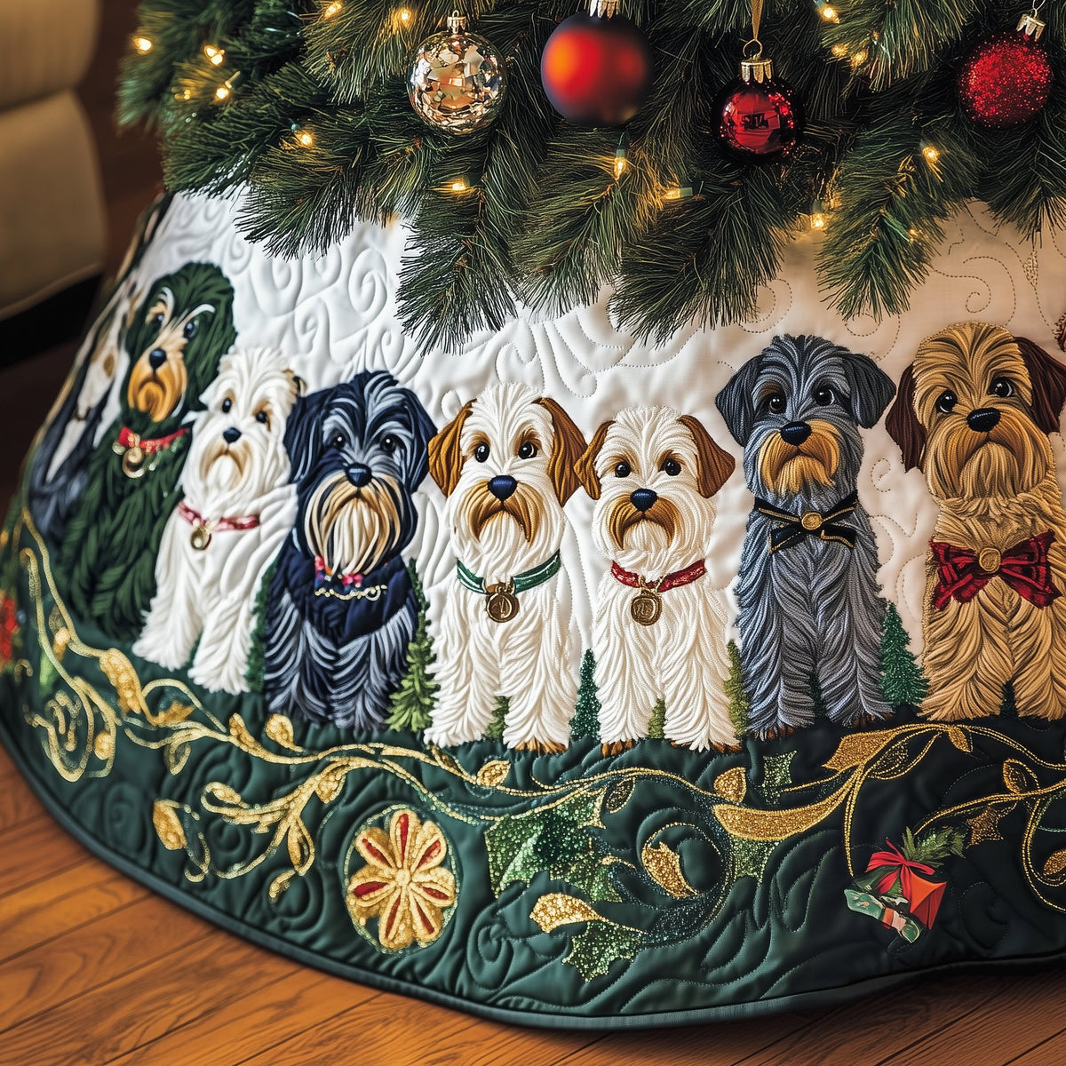 Schnauzer Five on Evergreen Christmas Tree Skirt