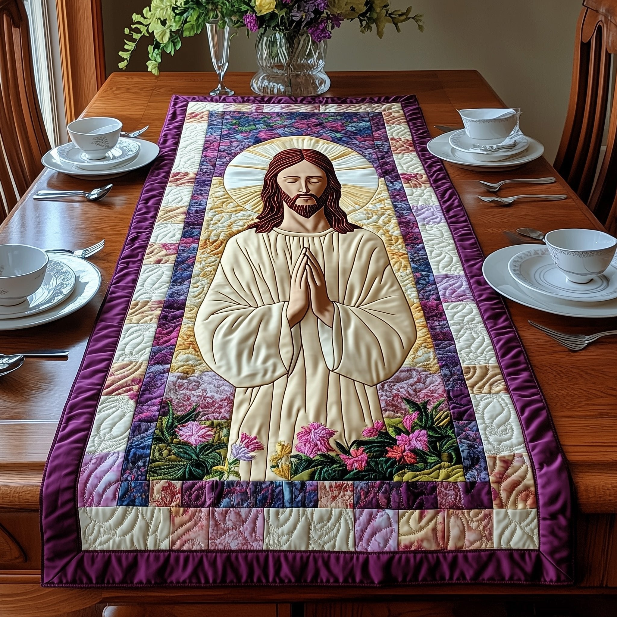 Praying Jesus over Pink Flower Garden Table Runner