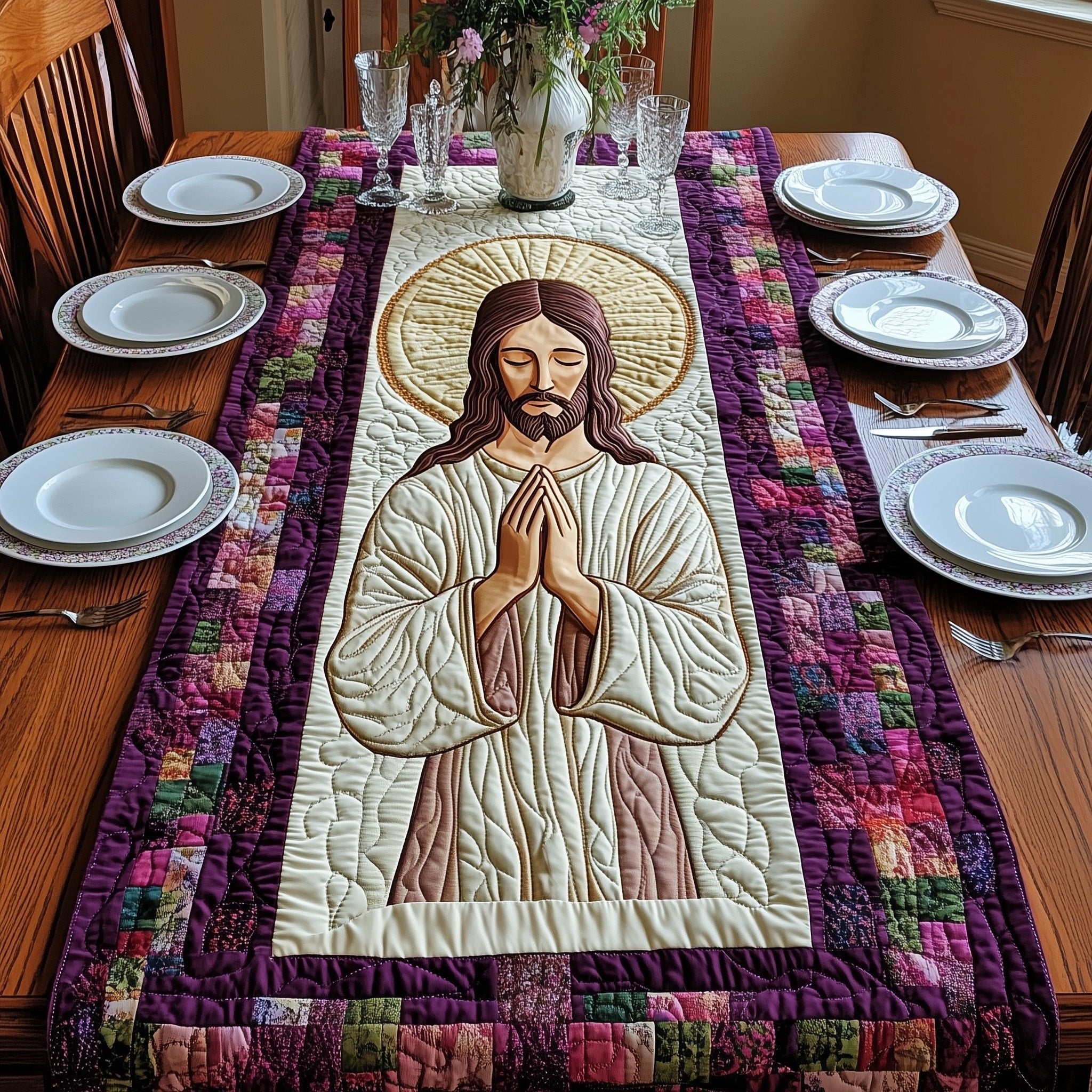 Jesus with Golden Halo Praying Table Runner
