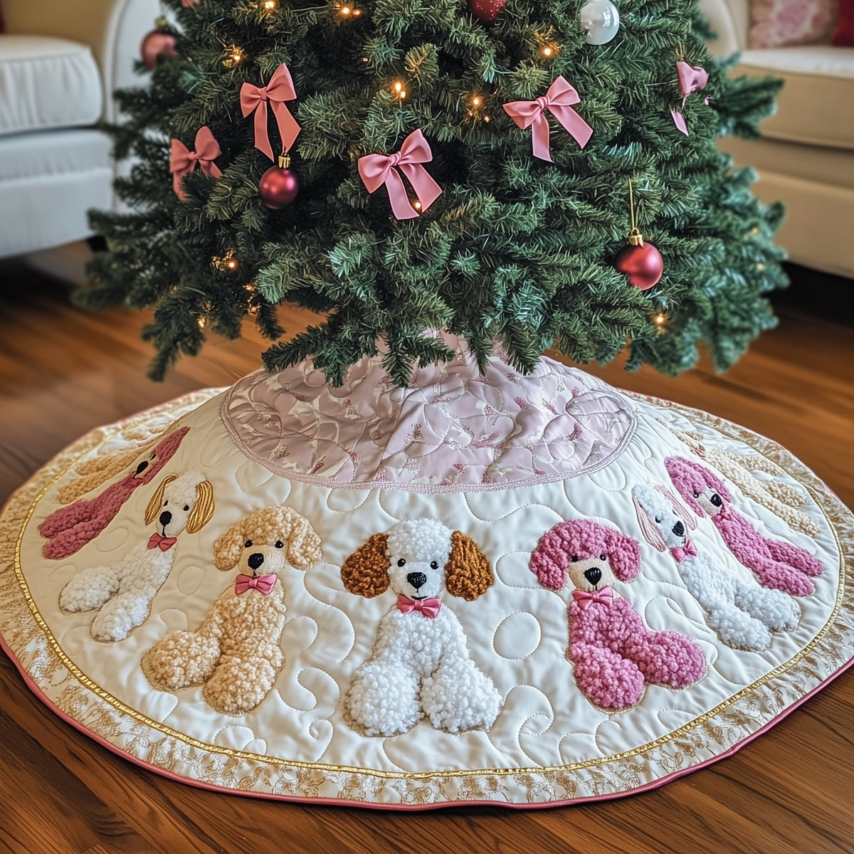 Poodle Parade in Pink Christmas Tree Skirt