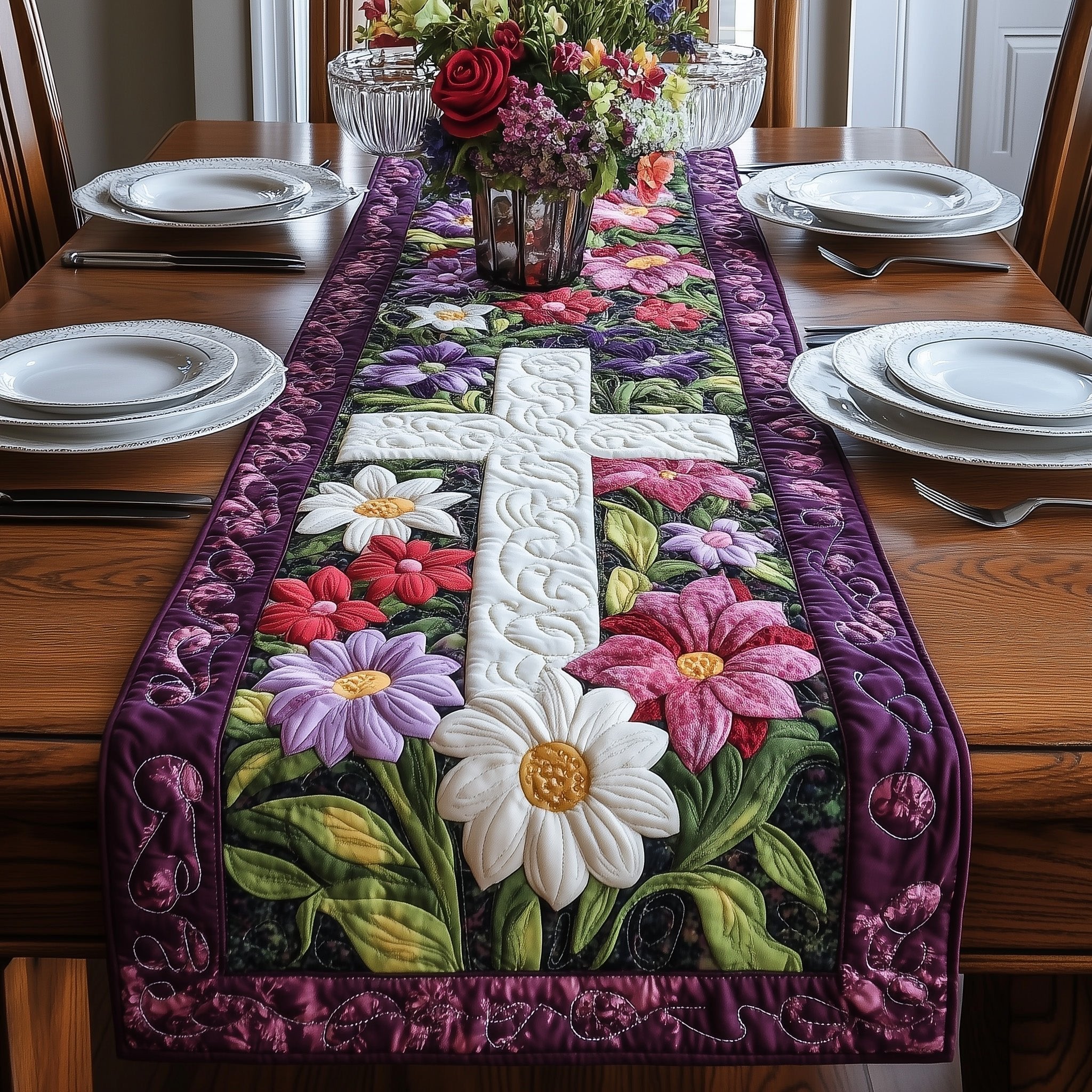White Cross with Daisies and Blossoms Table Runner