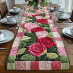 Pink Roses on Green Patchwork Table Runner
