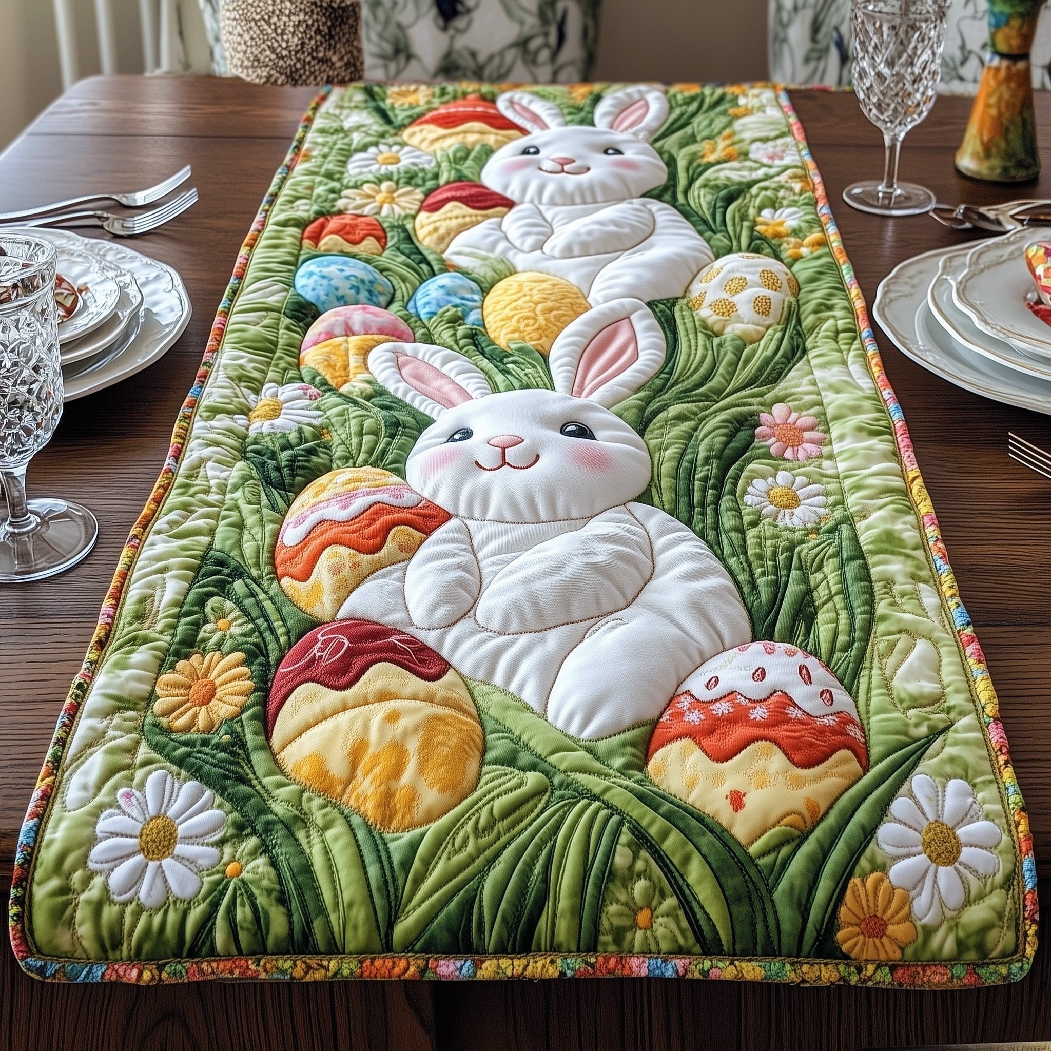 White Bunny with Bright Eggs on Green Table Runner