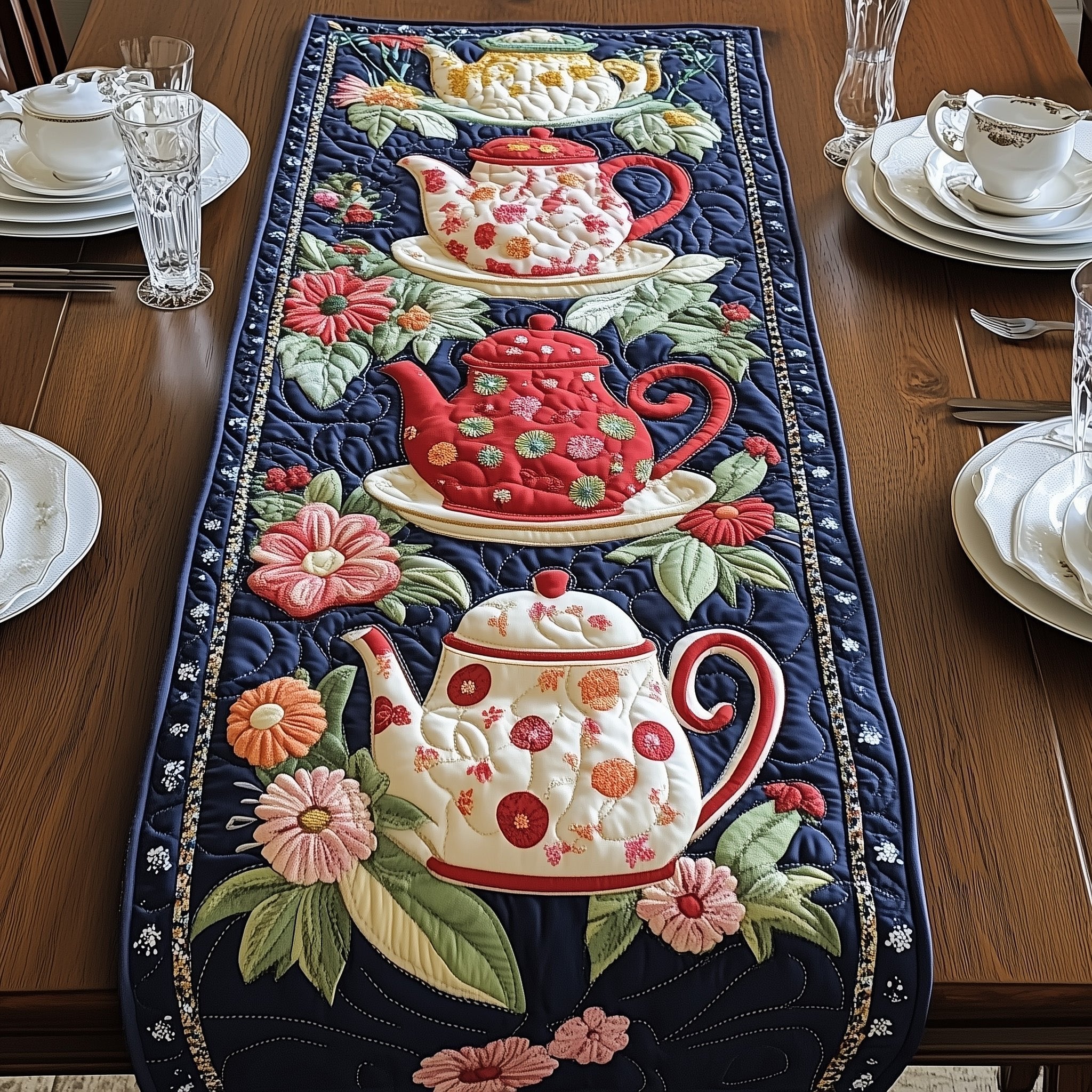 Red and Cream Teapots with Flowers Table Runner