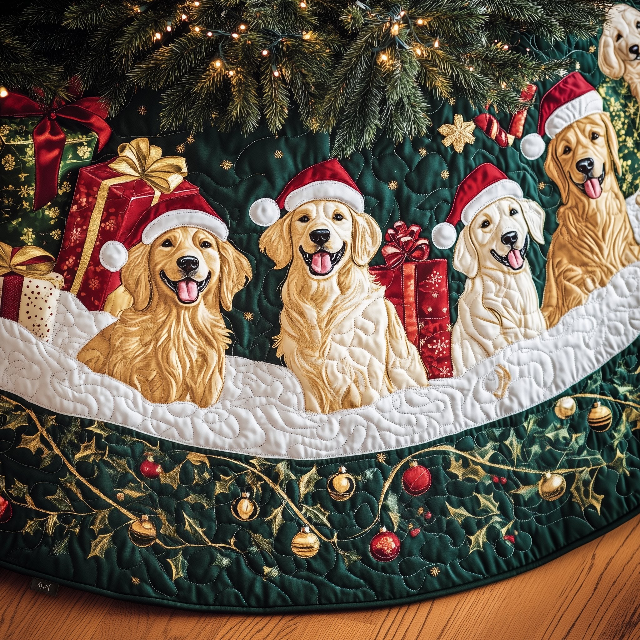 Goldens in Santa Hats with Gifts Christmas Tree Skirt
