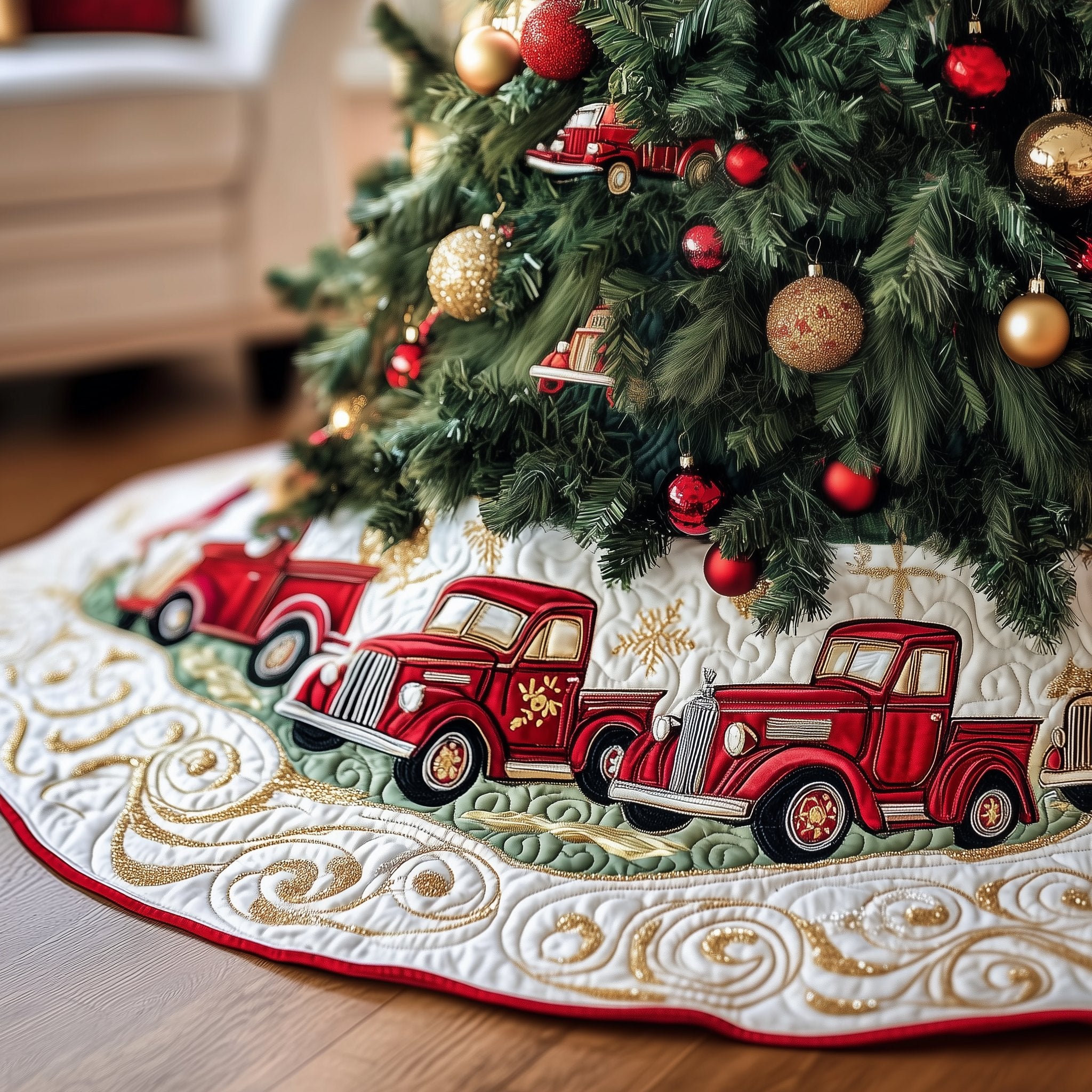 Red Truck on the Gold Swirl Road Christmas Tree Skirt