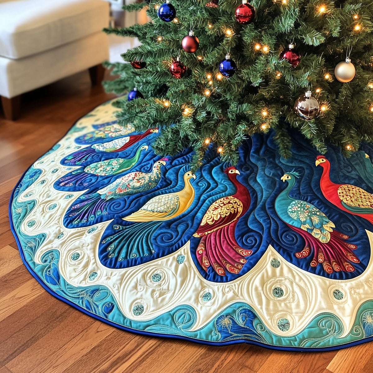 Peacock Pair on the Ivory Fan Christmas Tree Skirt