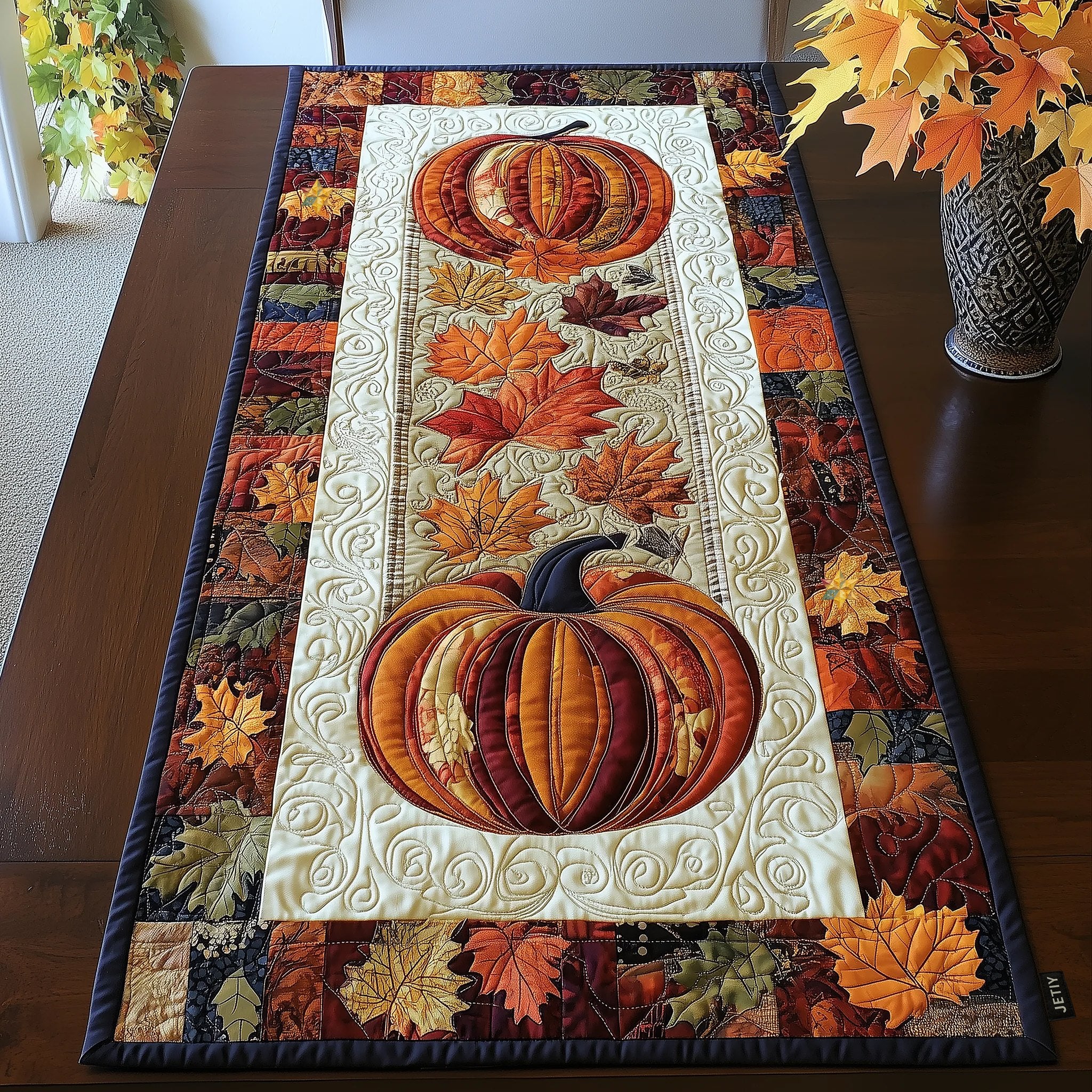 Single Pumpkin with Autumn Leaves Table Runner