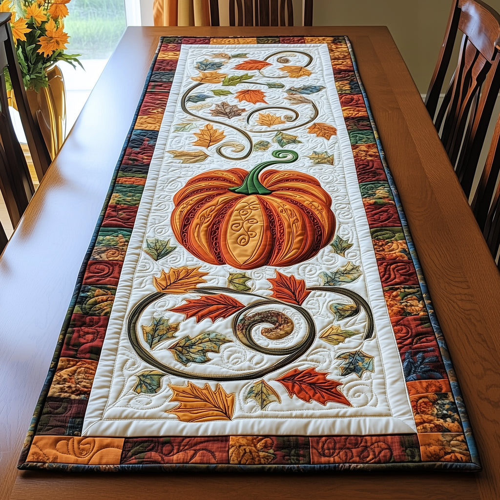 Pumpkin with Vine and Falling Leaves Table Runner