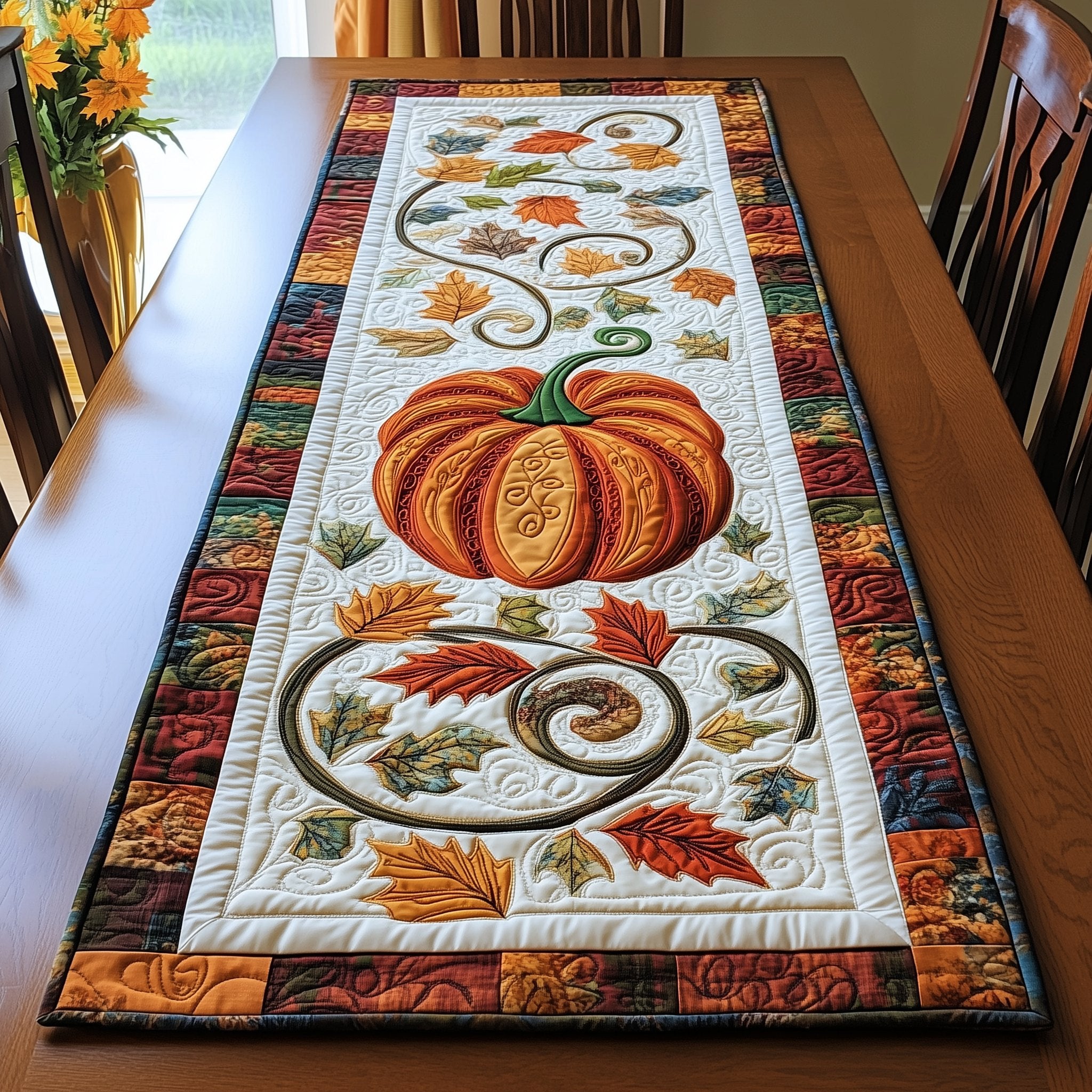 Pumpkin with Vine and Falling Leaves Table Runner