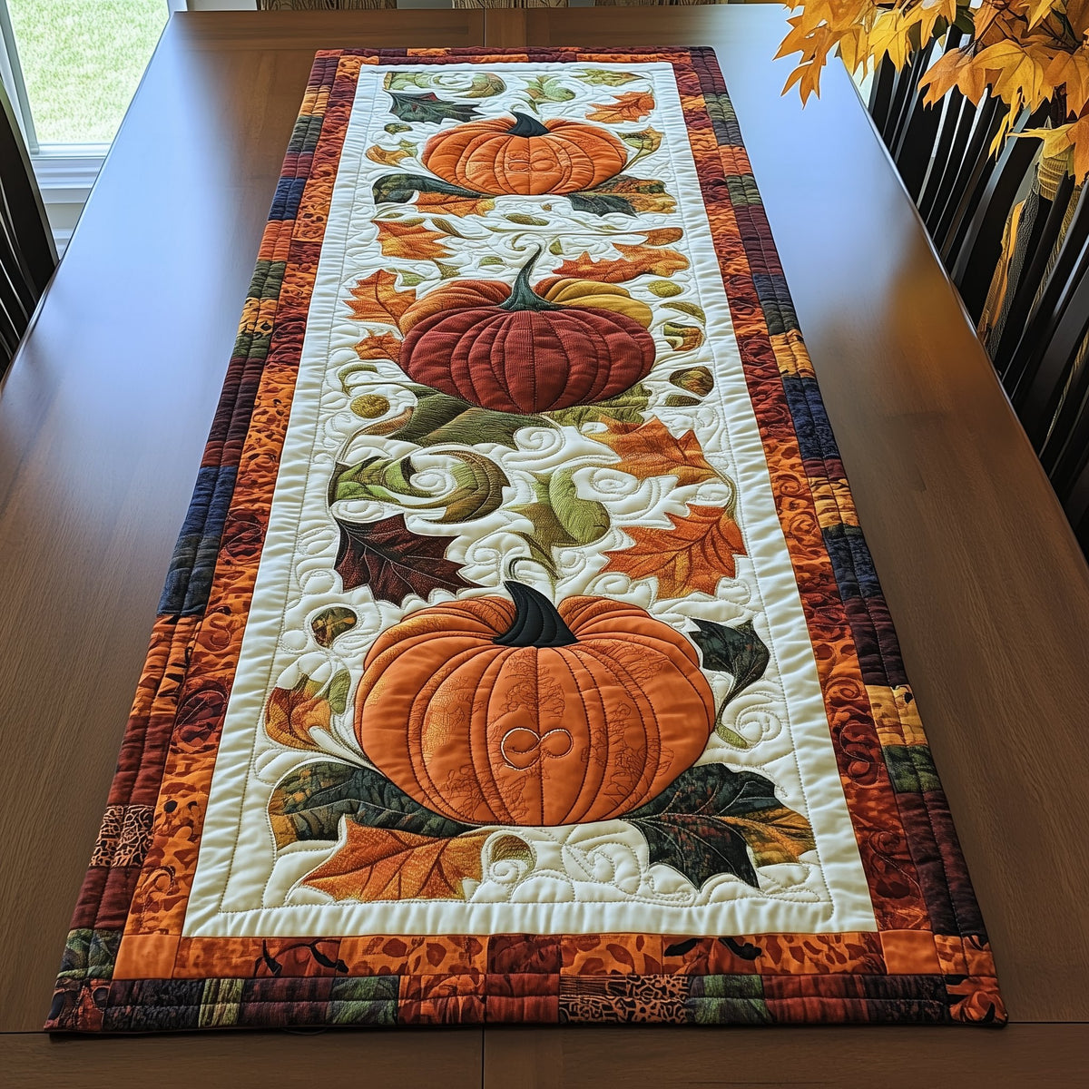 Pumpkin Pair with Oak Leaves Table Runner