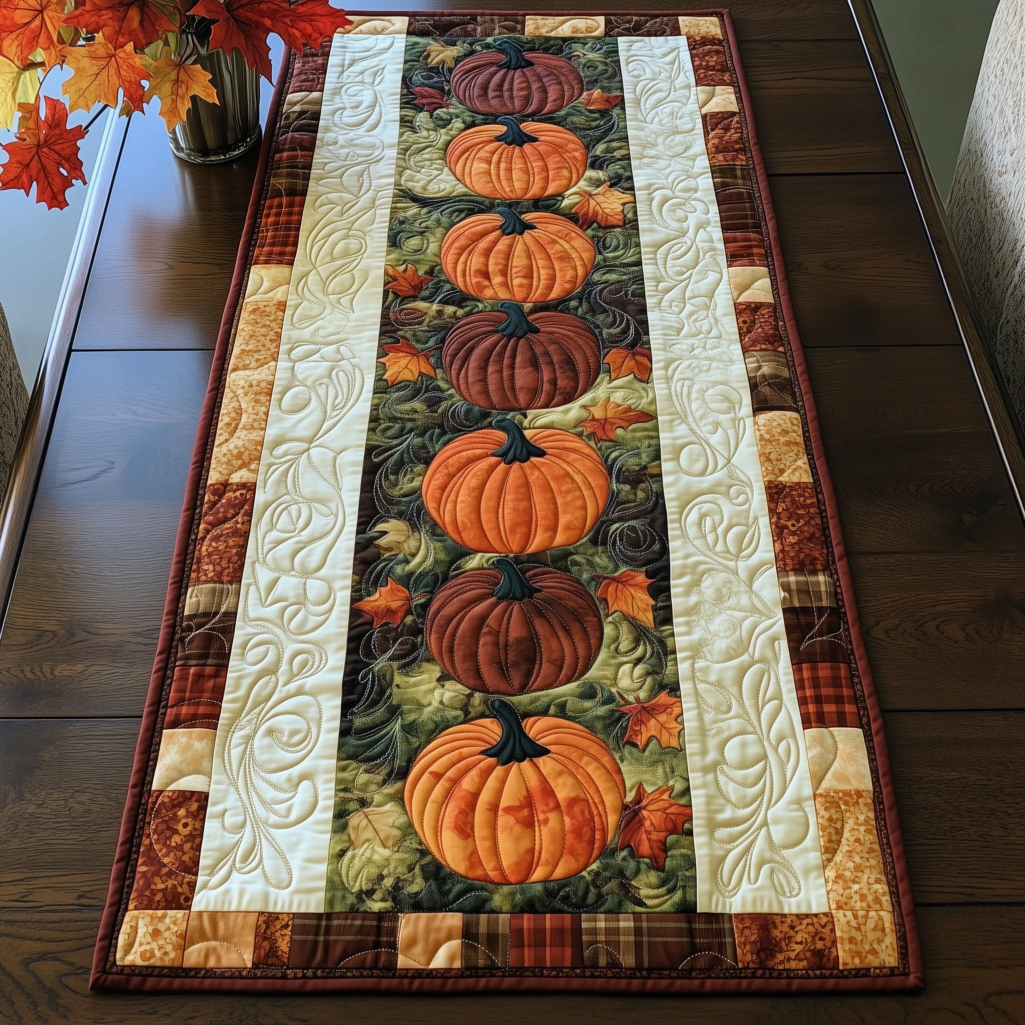 Stacked Pumpkins on Green Panel Table Runner