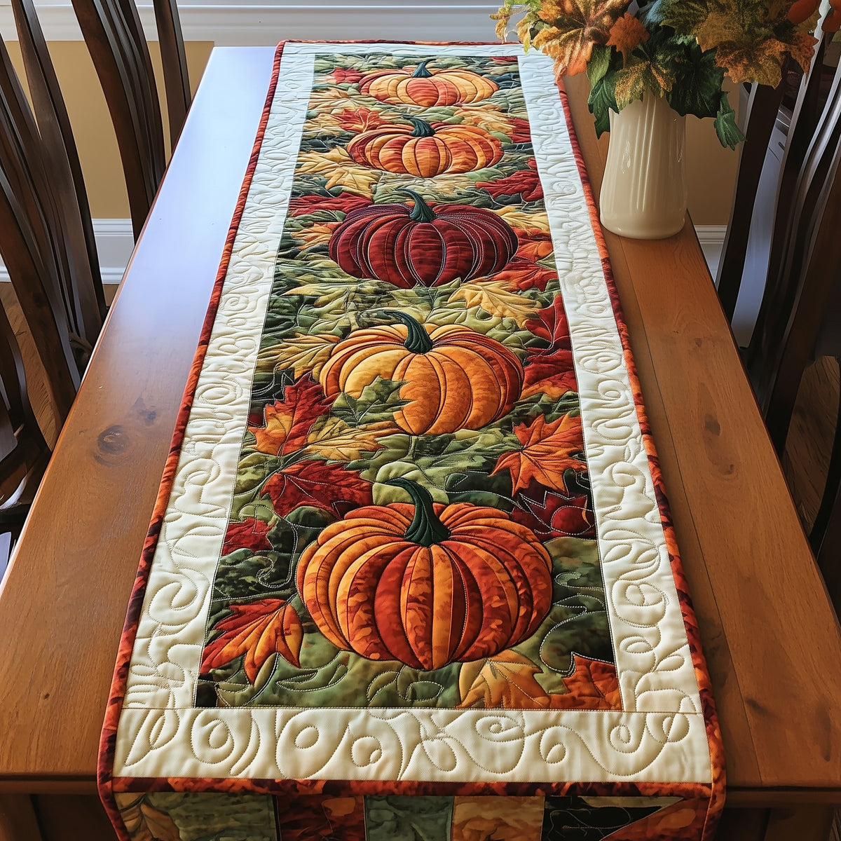 Pumpkin Patch with Green Foliage Table Runner