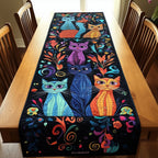 Three Folk Art Cats on Black Table Runner
