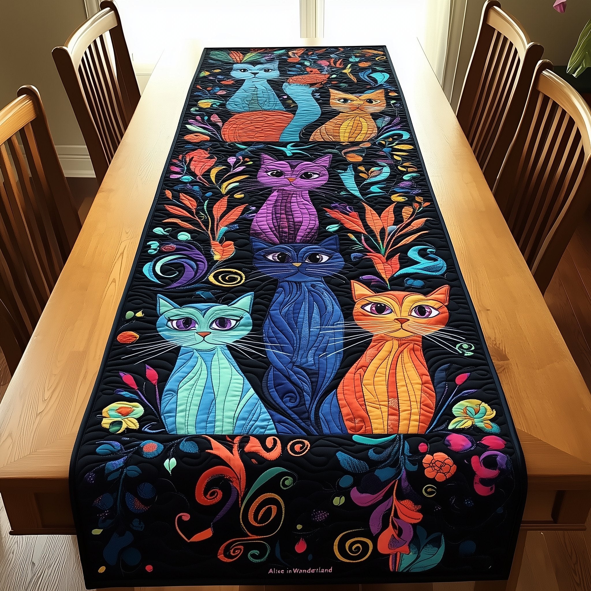 Three Folk Art Cats on Black Table Runner