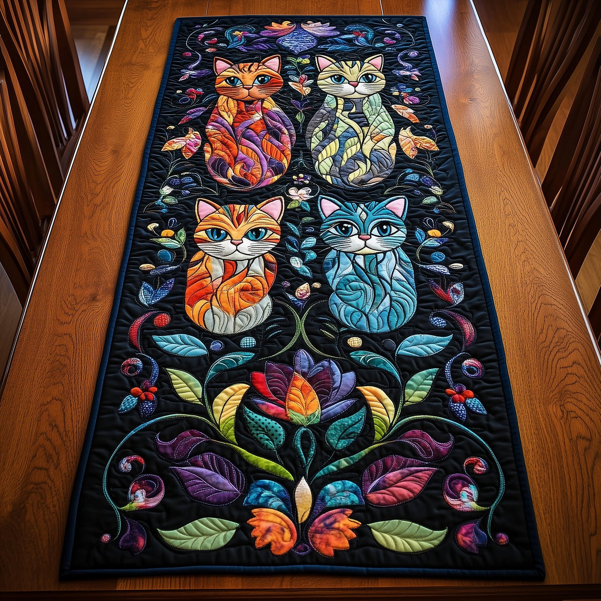Four Cats Among Bright Blooms Table Runner