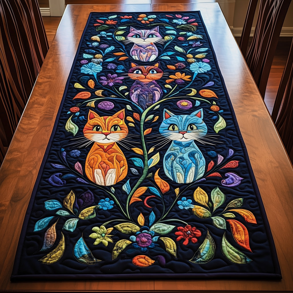 Two Cats with Folk Flowers Table Runner
