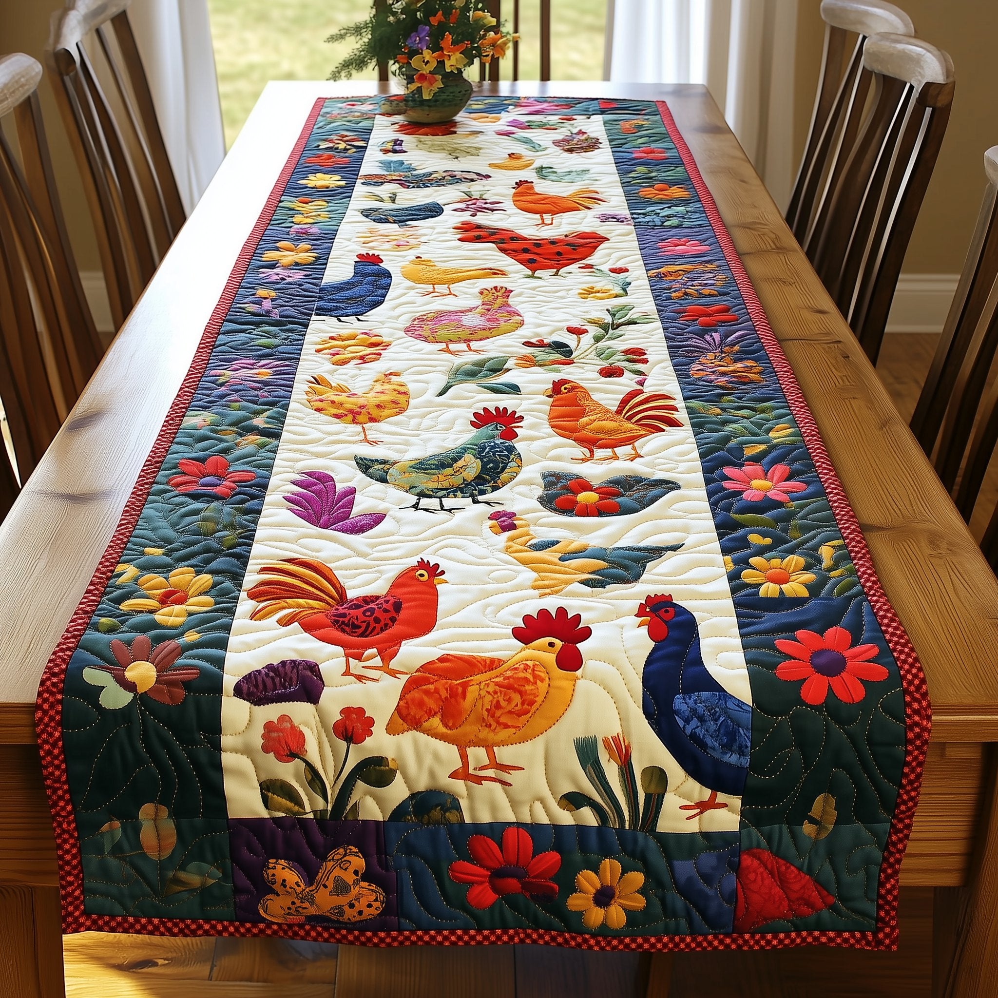 Roosters and Hens on Cream Table Runner